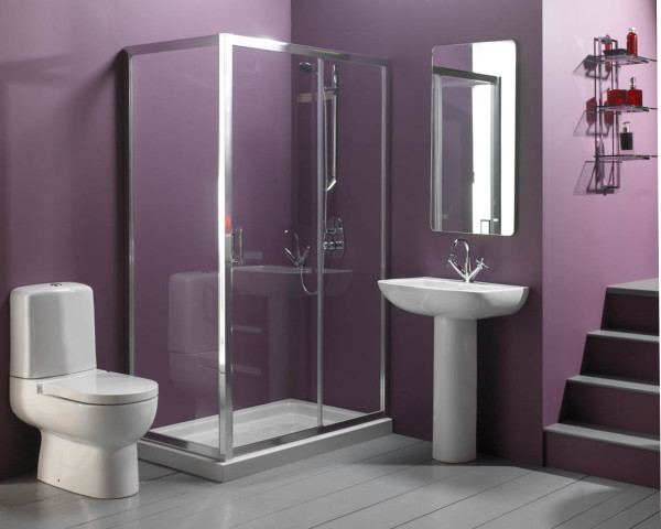 Bathroom,Cute Small Space Bathroom Design With Wonderful Corner Shower Enclosures And Cool White Ceramic Pedestal Plus Nice Vertical Wall Mirror Also Comfortable White Ceramic Latrine Using Picturesque Purple Wall Paint,Fresh And Clean Bathroom Designs Modern