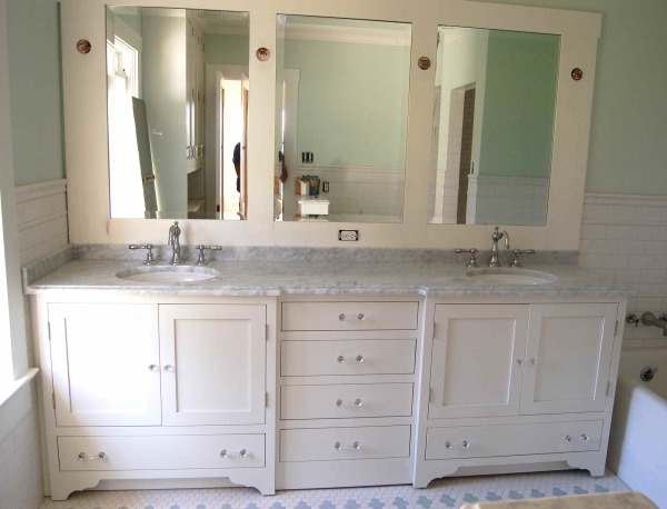 Bathroom,Astounding Light Blue Wall Paint Bathroom Vanity Ideas With Amazing Wall Mounted Whie Triple Bathroom Mirror And Modern White Over Wood Vanity Cabinet Plus Beautiful Double Sink On Combined Nice White Marble Top Also Wonderful Moen Bathroom Faucet,Contemporary Bathroom Vanity Ideas