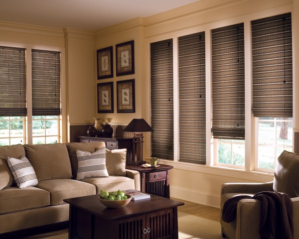 Interior,Modern Cozy Cream Sofa Also Beautiful Black White Pillow And Cool Dark Brown Woven Blind With Beautiful Picture Frame For Classic Living Room,Inspiring Woven Blinds Design Style
