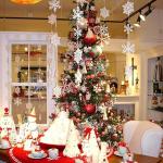 Furniture,Adorable Best Christmas Decorating Ideas With Charming Brown Wood Dining Table On Combined Soft Red Table Cloth Plus Comfortable White Leather Dining Chair And Beautiful Christmas Tree Also Gorgeous White Hanging Snowflakes,The Best Christmas Decorating Ideas And Christmas Tree For Your Home