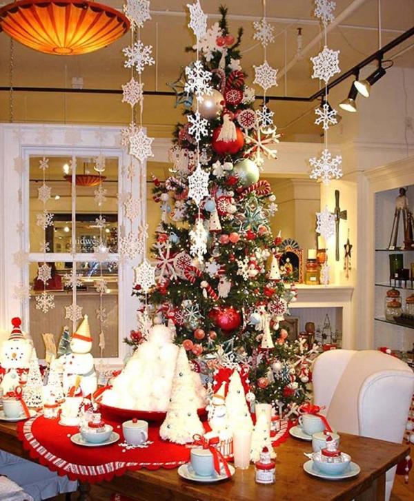 Furniture,Adorable Best Christmas Decorating Ideas With Charming Brown Wood Dining Table On Combined Soft Red Table Cloth Plus Comfortable White Leather Dining Chair And Beautiful Christmas Tree Also Gorgeous White Hanging Snowflakes,The Best Christmas Decorating Ideas And Christmas Tree For Your Home