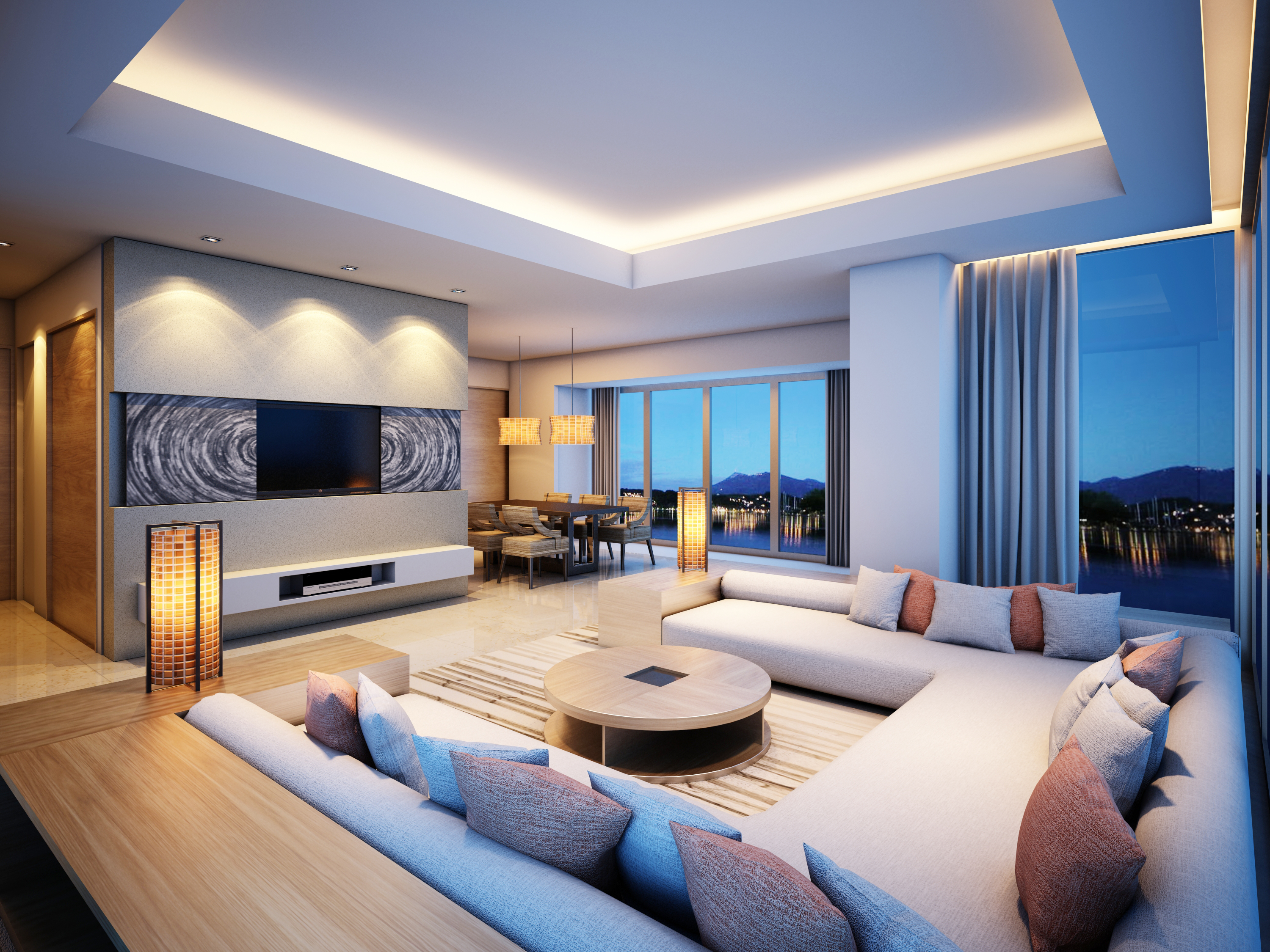 Furniture,Enticing Large Space Sitting Room Decoration With Gorgeous Gray Sofa Bed On Combined Soft Cushions Plus Modern Bright Wood Round Coffe Table And Luxurious Tv Wall Units Also Romantic Breakfast Nook,Some Fancy Sitting Rooms