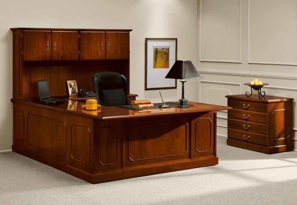 Office & Workspace,The Best High Quality Wood Executive Office Desk Design Ideas With Comfortable Black Arm Chair And Beautiful Stand Lamp Also Antique Wood Cabinet,Comfort Workspace With Exetucutive Office Desks