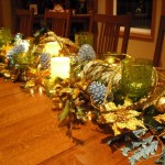 Dining Room,Fancy Table Decoration For Christmas With Nice Gold And Beautiful Green Leaves Plus Adorable Candles In Glass Jars Also Unique Blue Pastel Pine Cones,Splendid Dining Table Decorations For Christmas