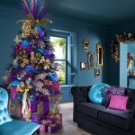 Furniture,Enticing Blue Wall Paint Xmas Tree Decoration With Amazing Purple Christmas Tree Plus Trendy Bright Wood Floor And Comfortable Black Loveseat On Combined Soft Cushions Also Adorable Blue Chair,Awesome Xmas Trees Latest For Christmas