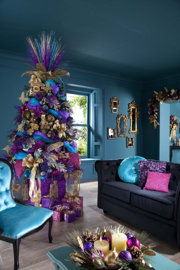 Furniture,Enticing Blue Wall Paint Xmas Tree Decoration With Amazing Purple Christmas Tree Plus Trendy Bright Wood Floor And Comfortable Black Loveseat On Combined Soft Cushions Also Adorable Blue Chair,Awesome Xmas Trees Latest For Christmas
