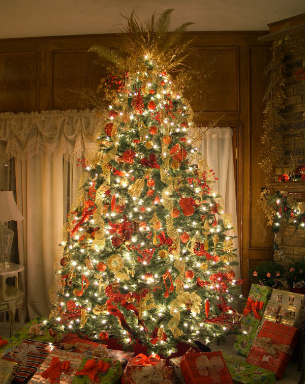 Furniture,The Best Artificial Christmas Tree Design Inspiration With Charming Red Plus Golden Ball Ornaments And Wonderful White Xmas Tree Lights Also Cool Brown Wood Wall Panels,Most Beautiful Christmas Tree