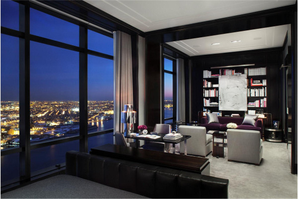 Apartments,Nice Spectacular World Tower Manhattan Penthouse Apartement Design Ideas With Stylish Open Plan Dining Room Set And Comfortable Purple Three Seater Sofa Also Awesome Large Bookcase In Black Color For Luxurious Concept,Manhattan Penthouse Apartments