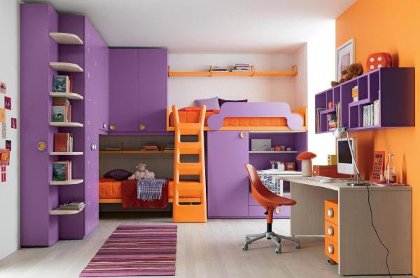 Bedroom,Miraculous White Orange And Purple Themed Furniture Ideas For Small Bedroom With Stylish Orange Twin Beds Also Beautiful Open Book Shelves Plus Cozy Study Space,The Best Furniture Ideas For Small Bedrooms