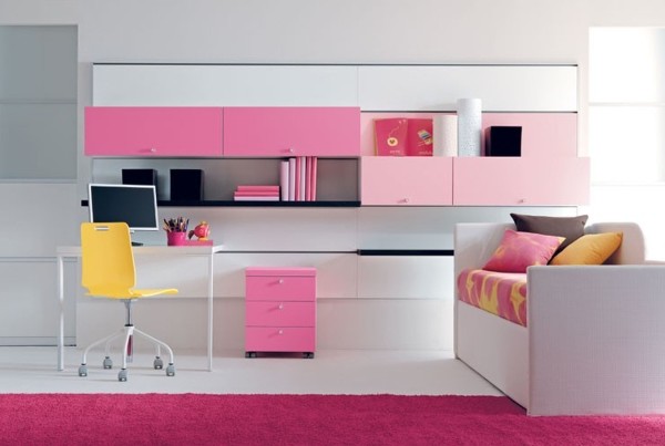 Bedroom,Fabulous White Background Kid Picture Ideas With Awesome White Day Bed On Combined Comfortable Pink Yellow Bed Sheet And Beautiful White Study Table Plus Modern Wheels Yellow Chair Also Exquisite Open Bookshelf,Cute And Delightful Bedrooms Kid Picture Ideas