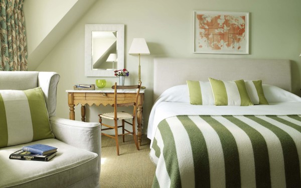 Furniture,Marvelous House Interior Design Picture With Amazing Green White Striped Bed Cover And Soft Green White Pillows Also Stylish Brown White Wood Vanity Table Plus Comfortable Brown Wood Chair Using Gorgeous White Wall Paint,Beautiful House Interior Design Pictures
