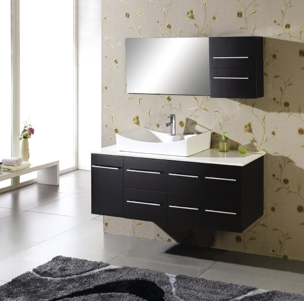 Bathroom,Admirable Large Space Bathroom Vanity Ideas With Stylish Black Wood Floating Kitchen Cabinet And Gorgeous White Ceramic Curved Vessel Sink On Combined Beautiful White Countertop Also Wonderful Wall Floral Decal,Contemporary Bathroom Vanity Ideas