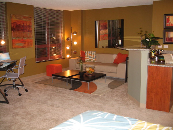 Apartments,Fascinating Beige Wall Paint Studio Apartment Interior Design Inspiration With Wonderful Cream Leather Two Seater Sofa And Beautiful Black Coffe Table Plus Cozy Study Space Also Modern Chrome Floor Lamp,Extraordinary Studio Apartment Interior Designs