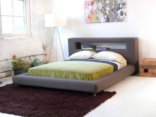 Bedroom,Dazzling White Brick And Multifunction Gray Headboard Bed Design Ideas With Black Fur Rug On Combined White Tiles Also Large White Drum Shade,Single Bedroom With Headboard Beds