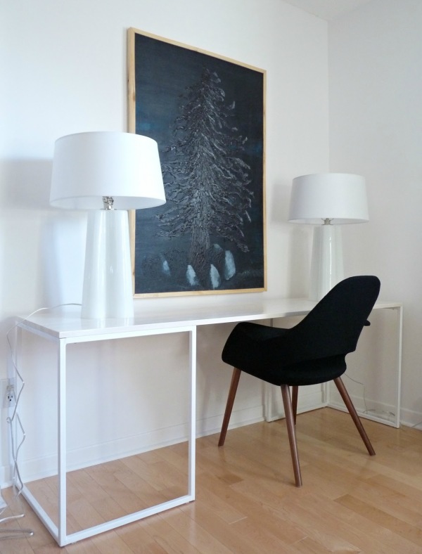 Furniture,Stunning Built Own Your Office Desk Design Ideas With Style Metal Material In White Color And Beautiful Two White Desk Lamp Also Cozy Black Chair On Combined Wood Floor ,Cool Build Your Own Office Desk Design