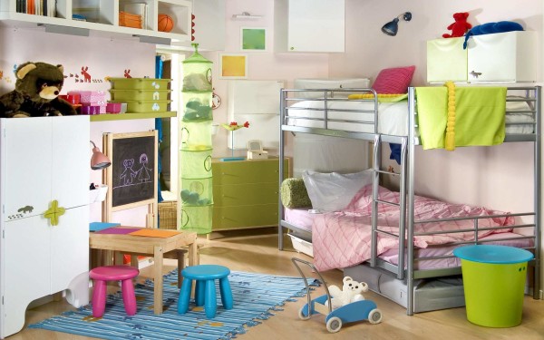 Bedroom,Nice Looking Small Space Kid Picture Ideas With Extraordinary Bunk Bed In Beautiful Silver Bed Frame And Beautiful Green Wood Dresser Also Wonderful White Wood Wall Mount Open Bookshelf,Cute And Delightful Bedrooms Kid Picture Ideas