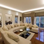 Furniture,Enticing White Wall Paint Furniture Small Space Design Ideas With Comfortable Curved Shaped Broken White Sectional Sofa On Combined Soft Cream Cushions And Cool Rectangular Glass Table Plus Nice Brown Glossy Laminate Flooring Also Comfortable Dining Room,Modern Living Room Design With Comfortable Furniture Small Spaces