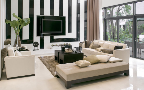 Furniture,Exciting Interior House Design Picture With Admirable White Leather Three Seater Sofas And Soft White Bench Plus Wonderful Black Wood Tables Also Picturesque Tv Wall Units On The Black White Wall,Picturesque Interior House Design Pictures 2015