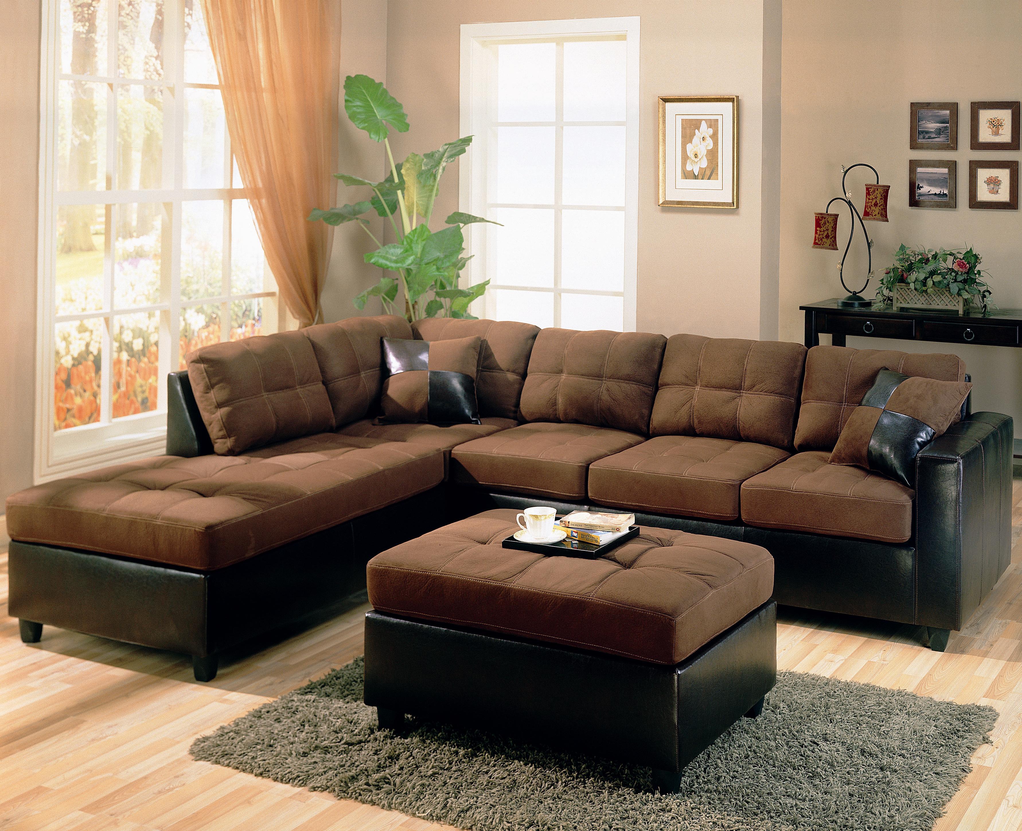 Furniture,Fancy Cream Wall Paint Furniture Small Space Design Ideas With Unusual Brown Mixed Black Leather Sectional Sofa And Gorgeous Black Brown Ottoman Plus Soft Rectangular Gray Fur Rug On Combined Picturesque Bright Brown Wood Floor Also Wonderful Black Wood Narrow Table,Modern Living Room Design With Comfortable Furniture Small Spaces
