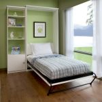 Bedroom,Charming Green Lime Background Murphy Bed Design Ideas With Awesome Black White Bed Frame On Combined Trendy White Bed Sheet And Exquisite White Wood Shelf Also Splendid Brown Wood Floor,Uniquely Murphy Bed Inspiration For Your Bedroom