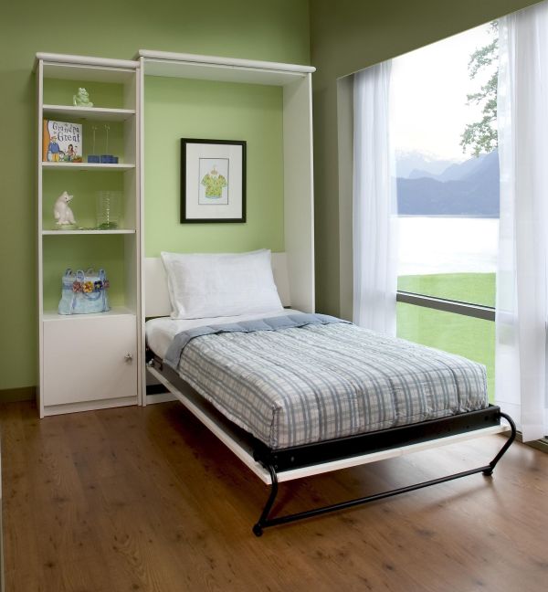 Bedroom,Charming Green Lime Background Murphy Bed Design Ideas With Awesome Black White Bed Frame On Combined Trendy White Bed Sheet And Exquisite White Wood Shelf Also Splendid Brown Wood Floor,Uniquely Murphy Bed Inspiration For Your Bedroom