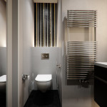 Bathroom,New Model Bathroom Ideas With Gorgeous Floating Black Bathroom Vanity And Cool Stainless Towel Hook Also Comfortable White Ceramic Latrine Plus White Wall Paint,Small Space With Contemporary Bathroom Ideas