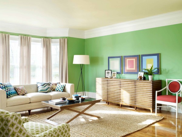 Furniture,Exceptional Large Space Interior House Design Picture With Marvelous Broken White Three Seater Sofa And Cool Rectangular Glass Table Plus Nice Bright Brown Sisal Rug On Combined Gorgeous Brown Laminate Flooring Also Picturesque Corner White Drum Floor Lamp Using Splendid Green Wall Paint,Picturesque Interior House Design Pictures 2015