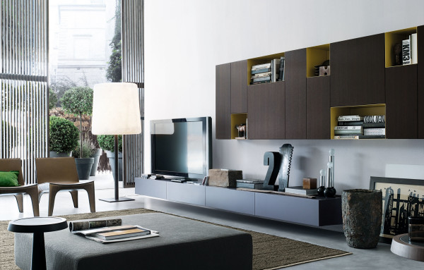 Furniture,Exceptional White Wall Paint Tv On The Wall Ideas With Adorable Black Wood Entertaiment Center And Beautiful Brown Wood Wall Hanging Bookshelf Also Stunning Oversized White Drum Floor Lamp,Contemporary Furniture Tv On The Wall Ideas