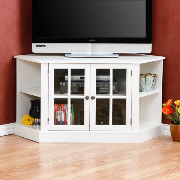 Furniture,Extraordinary Red Background Tv Stands For Plasma Tv Decoration With Awesome Corner White Wood Entertaimen Center On Combined Nice Clear Glass Door Media Shelves And Beautiful Brown Ceramic Vase Also Gorgeous Bright Brown Wood Floor,Contemporary Furniture Tv Stands For Plasma Tv Inspiration
