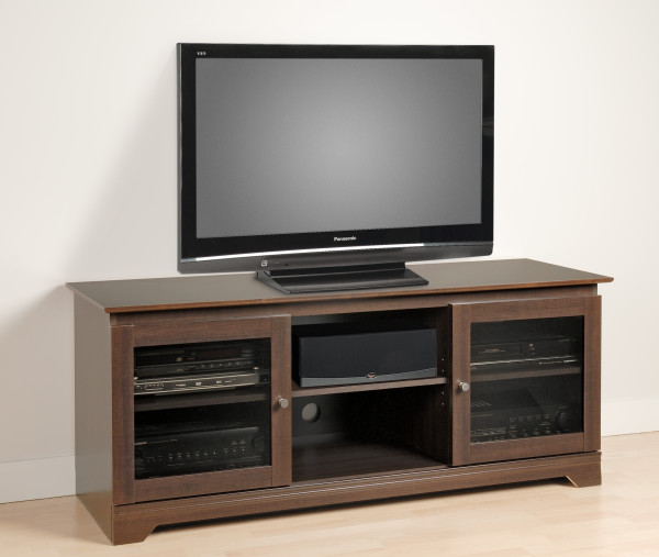 Furniture,Enthralling White Wall Paint Tv Stands For Plasma Tv Design Inspiration With Beautiful Francesca Espresso Wood Material And Stylish Clear Glass Door Cabinets Also Wonderful Bright Brown Wood Floor,Contemporary Furniture Tv Stands For Plasma Tv Inspiration