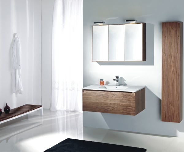 Bathroom,Awesome White Wall Paint Bathroom Vanity Ideas With Charming Brown Wood Floating Vanity Cabinet On Combined Modern White Wahsbasin And Nice Brown Wood Wall Cabinet Also Soft Black Rug,Contemporary Bathroom Vanity Ideas