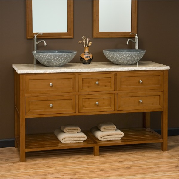 Bathroom,Cool Stylish Bathroom With Vessel Sink Design Inspiration On Combined Two Stone Material In Black Color And Nice Light Brown Vanity Cabinet Also Beautiful Bright Wood Floor ,Style Bathrooms With Vessel Sink Design 