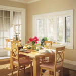 Furniture,Splendid Beige Wall Paint Bay Window Decorating With Charming White Curved Window Seating In Nice White Color And Beautiful Glass Windows Also Wonderful Bright Wood Dining Table Plus Comfortable Bright Wood Dining Chairs,Contemporary Bay Window Decorating