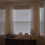 Furniture,Marvelous Gray Wall Paint Bay Window Decorating With Stylish Black Wood Dresser And Cool Small Desk Lamp Also Beautiful White Wood Blinds On Combined Soft White Curtains,Contemporary Bay Window Decorating