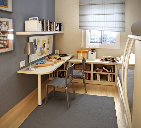 Furniture,Extraordinary Blue Mixed Cream Wall Paint Furniture Small Space Design Ideas With Amazing Corner Bright Brown Wood Study Table And Beautiful Cream Wood Open Bookshelf Also Soft Blue Rug On Combined Trendy Bright Brown Wood Floor,Modern Living Room Design With Comfortable Furniture Small Spaces