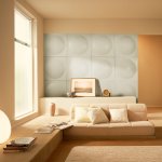 Furniture,Impressive Cream Wall Paint Tv Wall Panel Design Ideas With Comfortable Fabric Low Sofa In Cream Color And Unique Oversized Cream Desk Lamp Also Beautiful Great Glass Window On Combined White Frame ,Modern Tv Wall Panel Designs