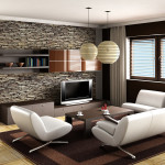 Furniture,Contemporary Natural Stone Tile Wall Panel Furniture Small Space Design With Charming White Sofa On Combined Unique Curved Stainless Legs And Beautiful Rectangular Chocolate Table Also Soft Large White Transparent Curtains,Modern Living Room Design With Comfortable Furniture Small Spaces