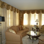 Interior,Marvelous White Ceiling Large Window Curtain Ideas With Comfortable Brown Sofas And Beautiful Glass Round Table Plus Gorgeous Glass Flowerpot Also Modern Black Drum Floor Lamp,Good Large Window Curtain Ideas