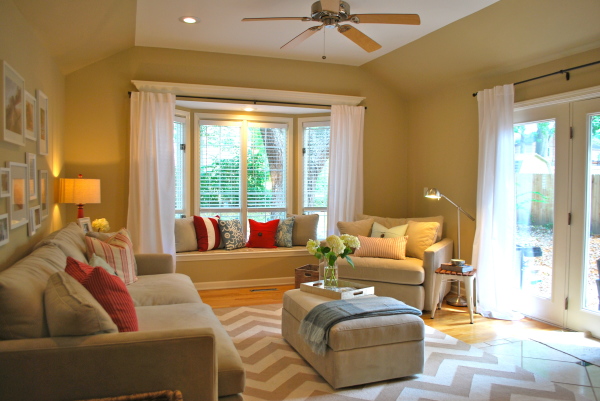Furniture,Enchanting Tan Wall Paint Bay Window With Seat Design Ideas And Adorable Pillows Plus Comfortable Tan Sofas Also Beautiful Tan Ottoman On Combined Wonderful Brown White Southwest Rug,Stylish Bay Window With Seat