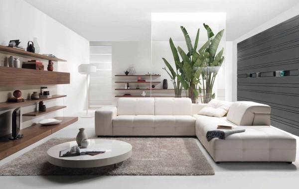 Furniture,Admirable Interior Design For Home With Amazing White Leather L Shape Sofa And Stylish White Round Table On Combined Soft Gray Rug Also Beautiful Brown Wall Mount Wood Shelf Plus Gorgeous White Wall Paint,Stunning Interior Design For Home