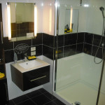 Bathroom,Enticing Small Space Bathroom Ideas With Awesome Floating Black Bathroom Vanity On Combined Cool Undermount Trough Sink Bathroom And Nice Vertical Wall Mirror Also Exquisite Clear Glass Shower Door,Small Space With Contemporary Bathroom Ideas