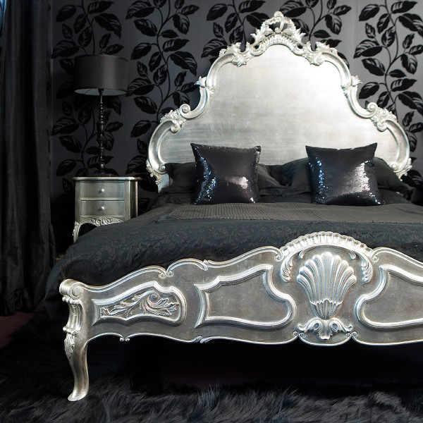 Bedroom,Style Black Scheme Luxurious Bed Design With Beautiful Silver Bed Frame And Charming Black Mattress On Combined Soft Black Pillow Also Cool Silver Nightstand Table,Classic And Luxurious Beds