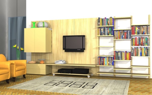 Bedroom,Classic Design A Room With Beautiful Tv Wall Units And Picturesque Bright Brown Wood Bookcase Also Comfortable Yellow Leather Single Seater Sofas,Design A Rooms Latest