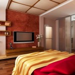 Furniture,Nice Looking Interior Design Ideas With Charming Red Bed Sheet On Combined Cute Yellow Blanket And Cool Tv Wall Units Plus Beautiful Brown Wood Wall Mount Bookshelf Also Trendy Brown Wood Tile Floor,Best Interior Design Ideas To Your Home