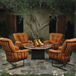 Exterior,Contemporary Round Ow Lee Fire Pit Design With Comfortable Cushion Swivel Rocker On Combined Orange Color And Beautiful Black Frame,Warmth In Your Outdoor Style Ow Lee Fire Pit Collection