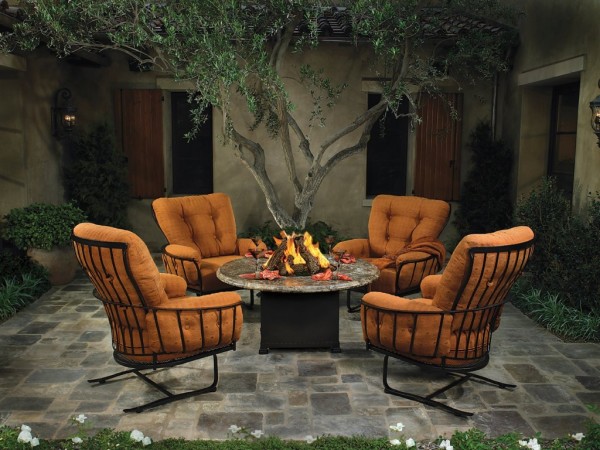 Exterior,Contemporary Round Ow Lee Fire Pit Design With Comfortable Cushion Swivel Rocker On Combined Orange Color And Beautiful Black Frame,Warmth In Your Outdoor Style Ow Lee Fire Pit Collection