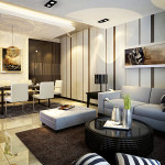 Interior,Enchanting Interior Design Photo With Comfortable White Leather Two Seater Sofa Plus Soft White Ottoman And Creative Round Glass Table On Combined Soft Black Rug Also Stylish Breakfast Nook,Best High Quality Interior Design Photos To Your Living Room
