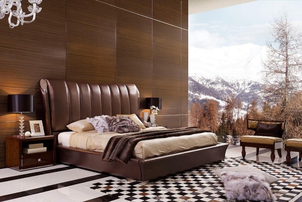 Bedroom,Fashionable Italian Luxurious Bed Design With Cool Brown Platform Bed Frame And Elegant Brown Nightstand Table On Combined Beautiful Two Black Desk Lamp Also Cool Black White Floor For Nature Concept,Classic And Luxurious Beds