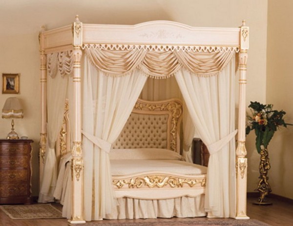Bedroom,Exclusive Canopy Bed Design Ideas With Luxurious White Curtains And Comfortable White Mattress Also Nice Wood Nightstand Table On Combined Desk Lamp,Fineness Canopy Bed In Bedroom