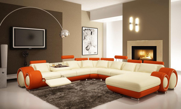 Bedroom,Elegant Design A Room With Modern White Orange Leather Sectional Sofa And Soft Gray Rug Plus Trendy Chrome Arc Floor Lamp Also Gorgeous Fireplace,Design A Rooms Latest